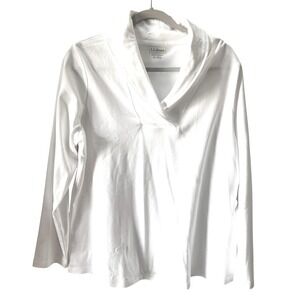 LL Bean White Cotton Shawl Collar Long Sleeve Top XL Casual